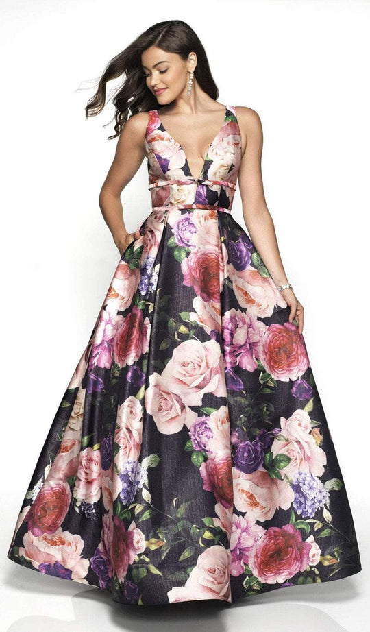Blush by Alexia Designs - 11735 Plunging Floral Print Ballgown In Black and Floral