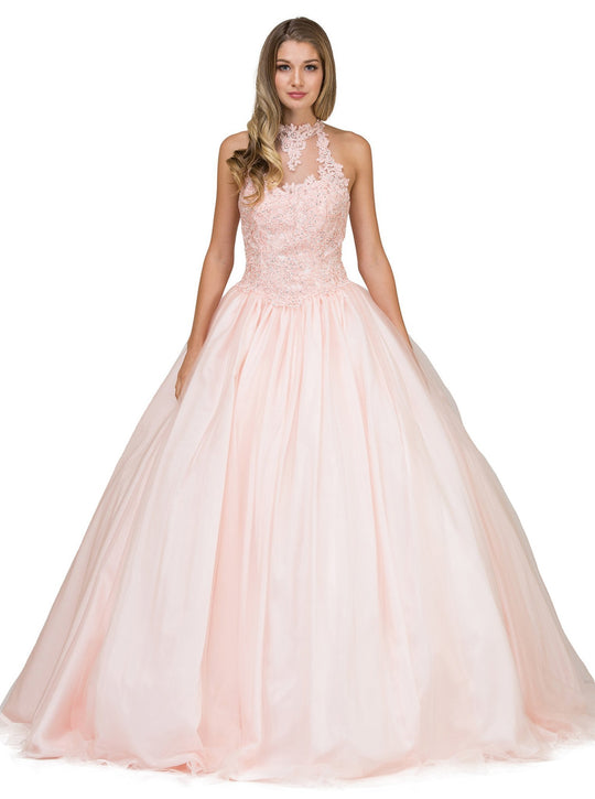 Dancing Queen - 1173 Embellished High Halter Quinceanera Gown In Pink