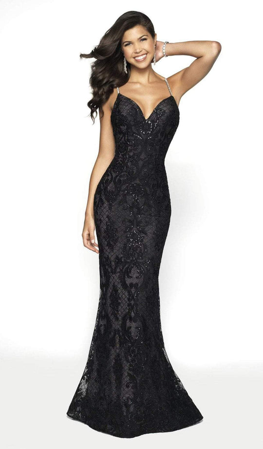 Blush by Alexia Designs - 11741 Beaded Lace V-neck Trumpet Dress In Black and Silver