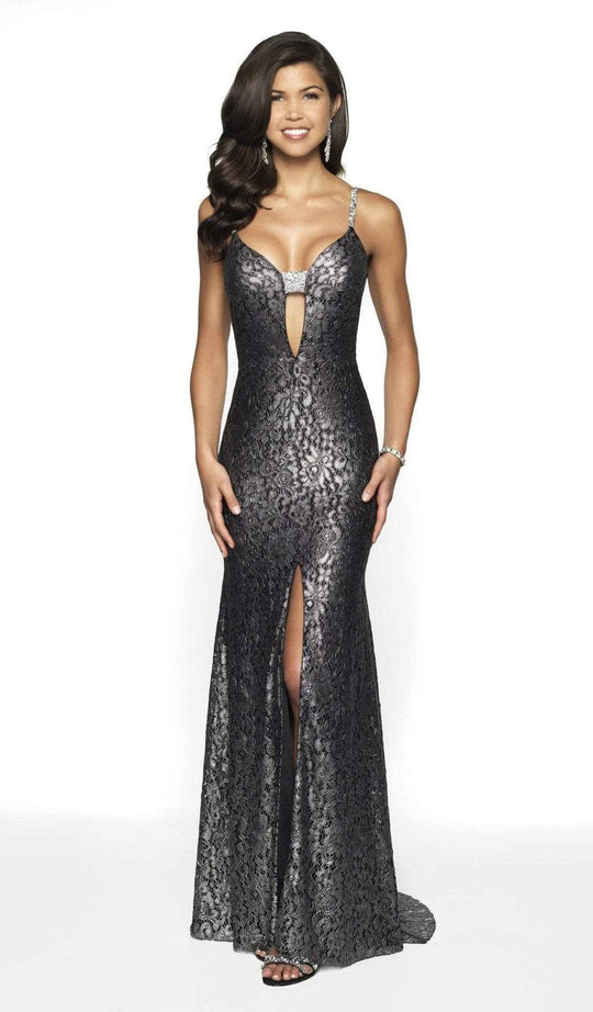 Blush by Alexia Designs - 11772 Metallic Lace Deep Vneck Trumpet Dress In Black