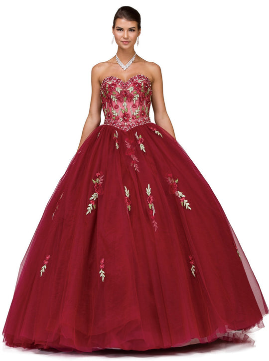 Dancing Queen - 1178 Strapless Floral Embellished Quinceanera Ballgown In Red