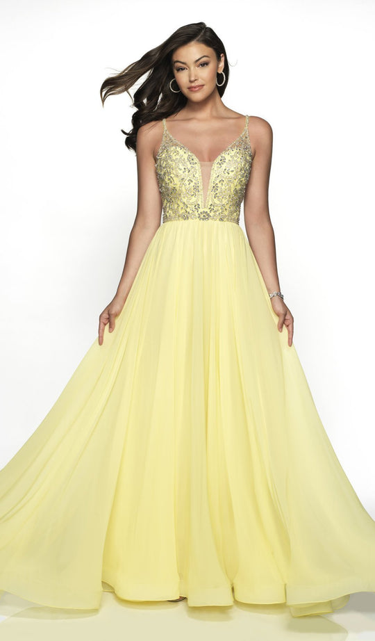 Blush by Alexia Designs - 11780 Beaded Deep V-neck Chiffon A-Line Dress In Yellow
