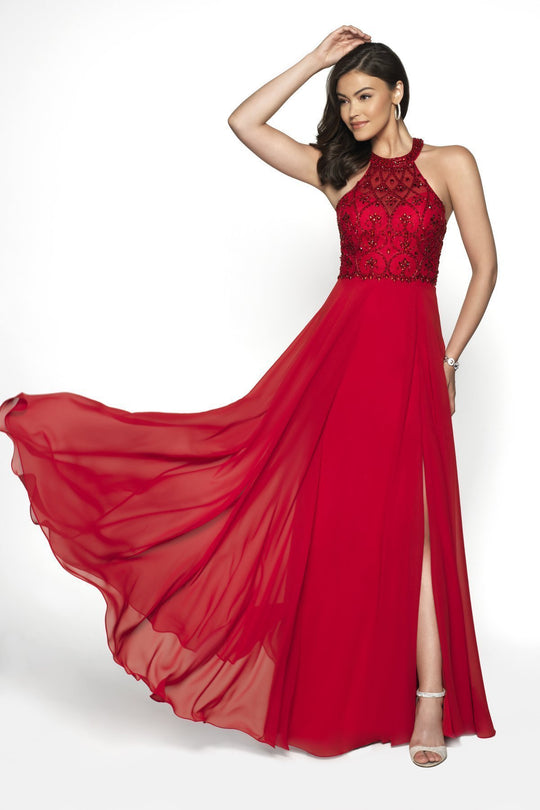 Blush by Alexia Designs - 11788 Bedazzled Halter Chiffon A-line Gown In Red