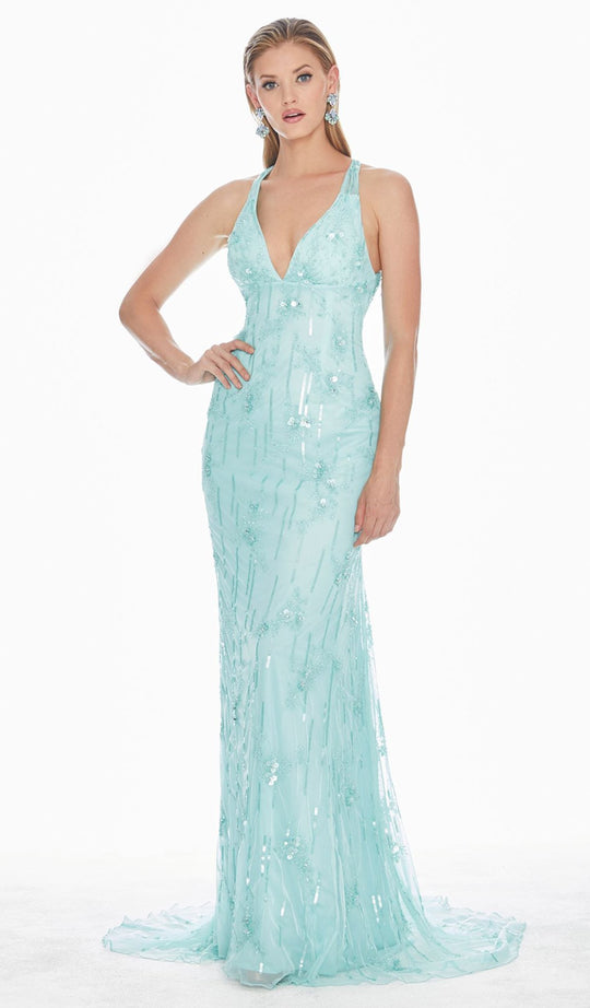 Ashley Lauren - 1421 Floral Plunging V-Neck Evening Gown In Blue