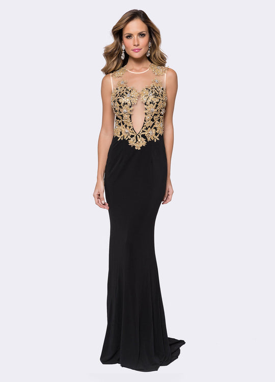 Ashley Lauren - 1186 Gold Embroidered Illusion Jewel Sheath Dress in Black