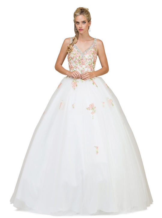 Dancing Queen - 1187 Floral Applique V-neck Quinceanera Ballgown in White