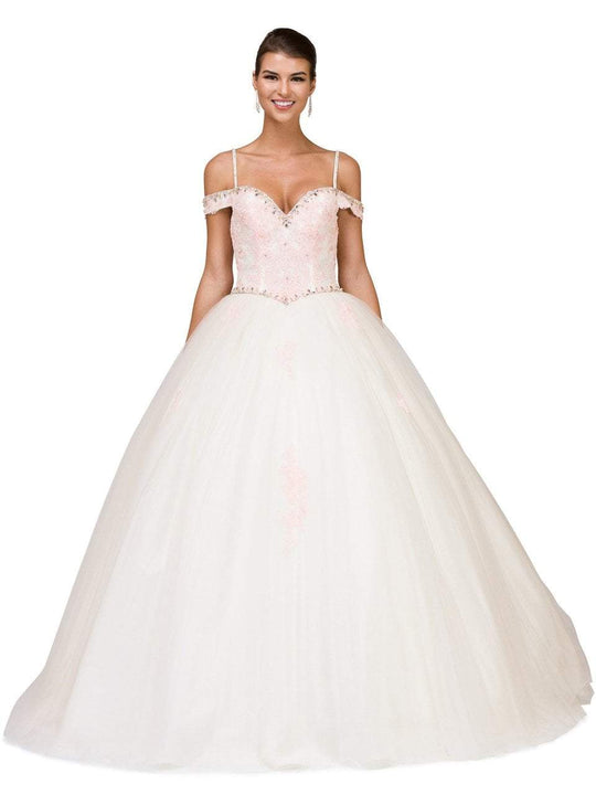 Dancing Queen Off Shoulder Beaded Lace Bodice Ballgown 1188 In Ivory/Blush