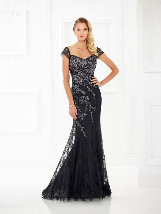 Montage by Mon Cheri - 118966 Floral Embroidered Lace and Tulle Gown In Black and Gray