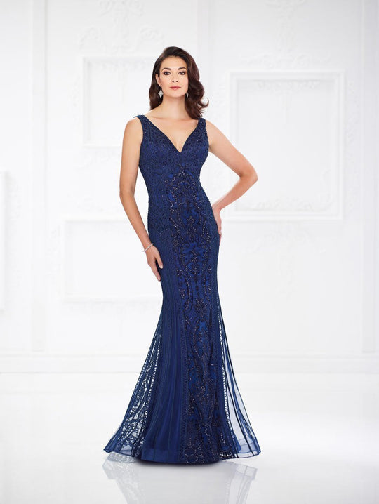 Montage, Ivonne D by Mon Cheri - 118975W Beaded V-neck Trumpet Dress In Blue