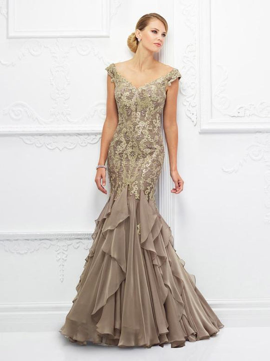 Ivonne D for Mon Cheri - 118D01 Ruffled Fitted Trumpet Evening D4r In Brown