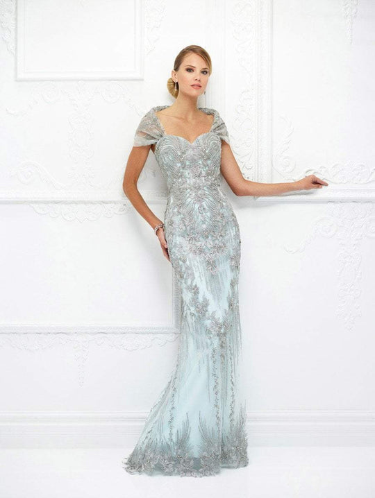 Montage, Ivonne D by Mon Cheri - 118D04W Metallic Lace Sheath Dress In Blue