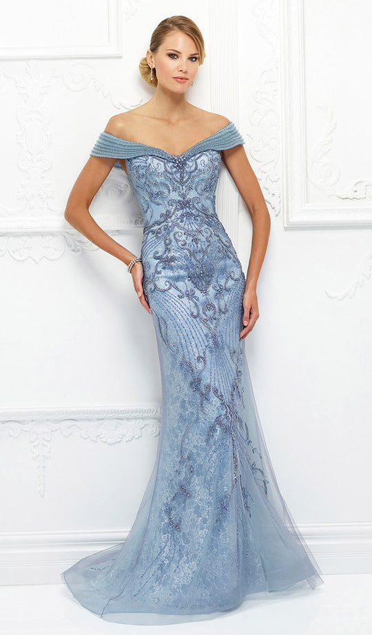 Mon Cheri - Beaded Lace Dress With Tulle Overlay 118D08  In Blue