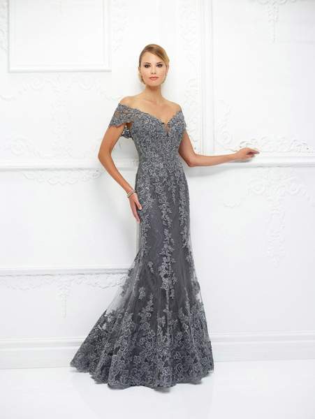 Mon Cheri - Ivonne D for Mon Cheri - Lace Applique Trumpet Dress 118D12W In Gray