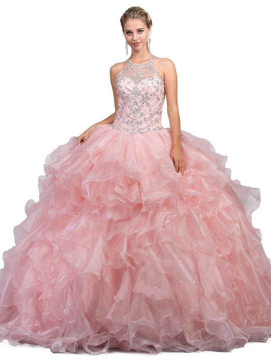 Bejeweled Illusion Halter Ruffled Quinceanera Ballgown - ADASA