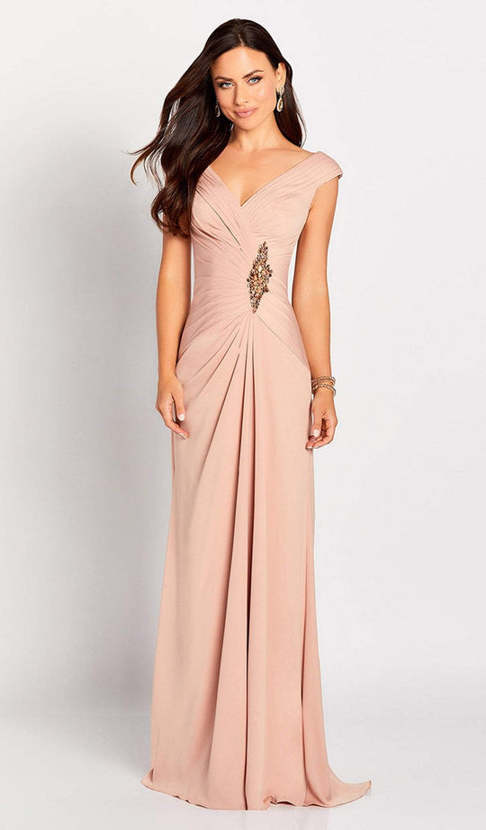 Cameron Blake by Mon Cheri - 119646 V Neck Stretch Satin Sheath Dress In Neutral and Orange