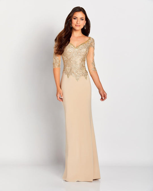 Cameron Blake by Mon Cheri - 119653 Beaded Lace Sheath Dress In Gold