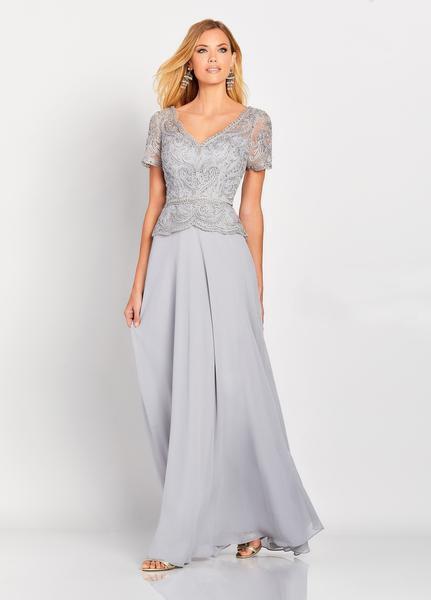 Cameron Blake by Mon Cheri - 119663 Ribbon Applique Chiffon Long Dress In Silver