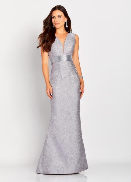 Cameron Blake by Mon Cheri - 119669 Plunging Metallic Brocade Gown In Silver and Gray