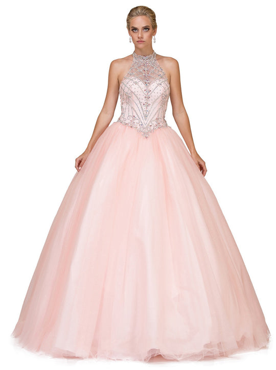 Dancing Queen - 1197 Jeweled Illusion Halter Quinceanera Ballgown