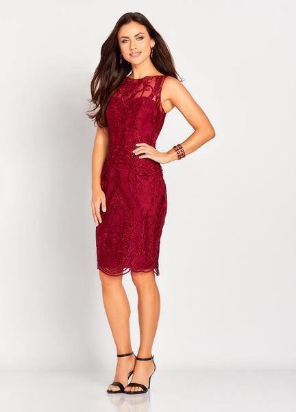 Social Occasions by Mon Cheri - 119829 Embroidered Bateau Sheath Dress In Red