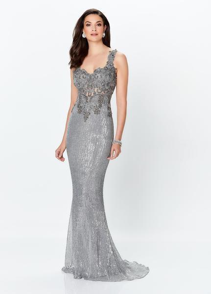 Montage, Ivonne D by Mon Cheri - 119946 Lace Appliqued Evening Gown In Gray