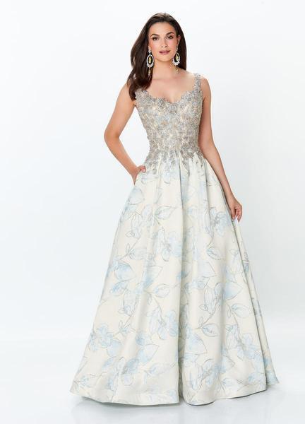 Montage, Ivonne D by Mon Cheri - 119956 Beaded Lace V-neck Ballgown In Blue and Gold