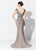 Montage, Ivonne D by Mon Cheri - 119D42 Bead Embellished V-Neck Gown In Gray and Neutral