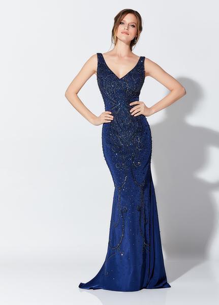 Montage, Ivonne D by Mon Cheri - 119D44 Bead Embellished V-Neck Gown In Blue