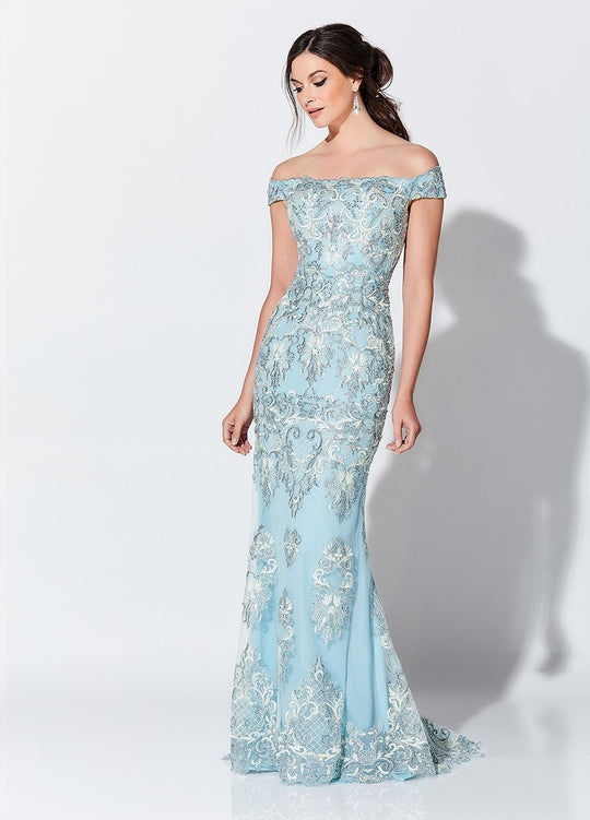 Mon Cheri - Ivonne D for Mon Cheri - Appliqued Off-Shoulder Gown 119D45 In Blue