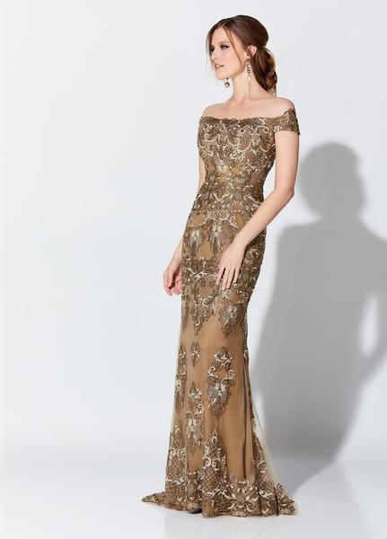Montage, Ivonne D by Mon Cheri - 119D45 Appliqued Off-Shoulder Gown In Brown
