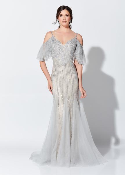 Montage, Ivonne D by Mon Cheri - 119D46 Beaded Cold Shoulder Gown In Silver and Nude
