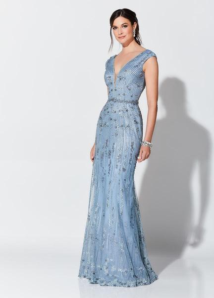 Montage, Ivonne D by Mon Cheri - 119D54 Beaded Lace Deep V-neck Dress In Blue