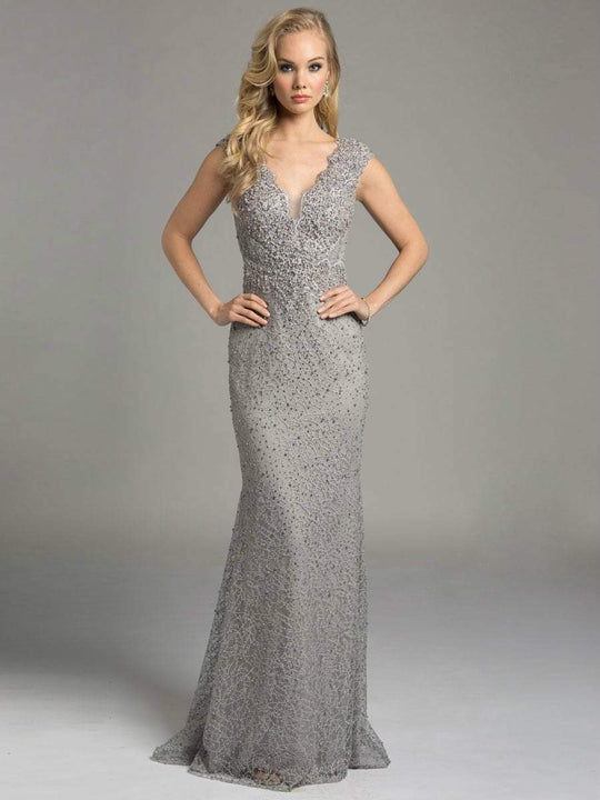 Lara Dresses - Beaded V-Neckline Sheath Evening Gown with Scalloped Edging 33232 in Silver and Gray