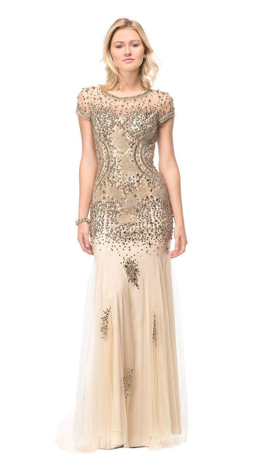 Colors Couture - J017 Embellished Illusion Jewel Sheath Dress In Neutral