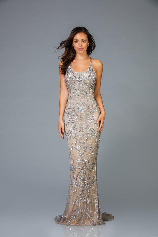 Scala - 48936 Bead Embellished Scoop Sheath Gown In Gray and Silver