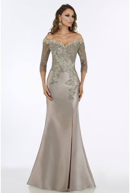 Gia Franco - 12000 Beaded Lace Appliqued High Slit Gown In Silver