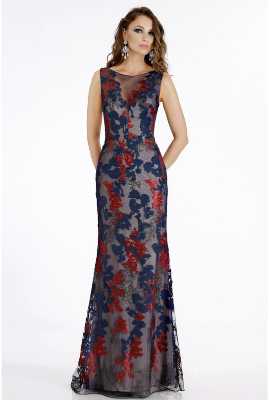 Gia Franco - 12002 Floral Lace Bateau Trumpet Dress In Blue