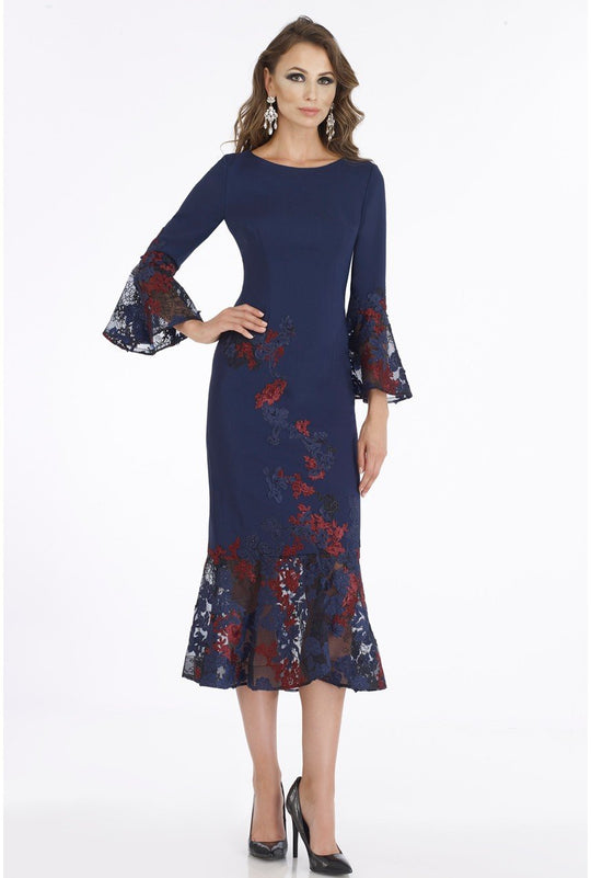 Gia Franco - 12003 Embroidered Long Bell Sleeve Trumpet Dress In Blue