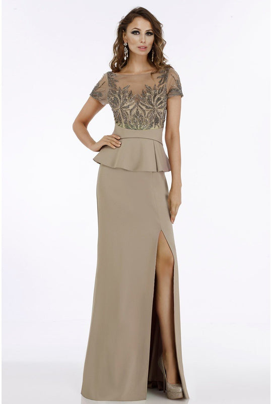 Gia Franco - 12009 Sequined Peplum Gown with Slit In Brown