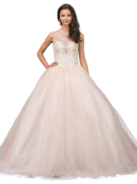 Dancing Queen - 1201 Sleeveless Embellished V-neck Quinceanera Ballgown in Nude