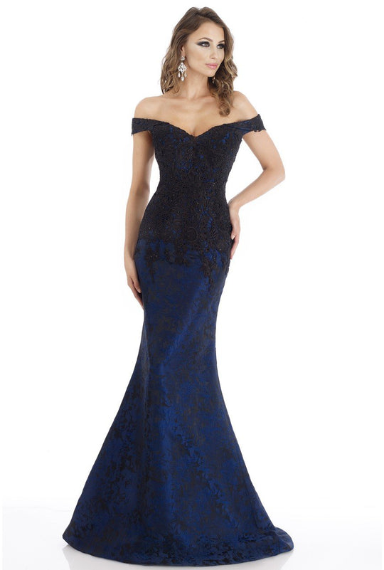 Gia Franco - 12011 Off Shoulder Contrasting Lace Trumpet Gown In Blue
