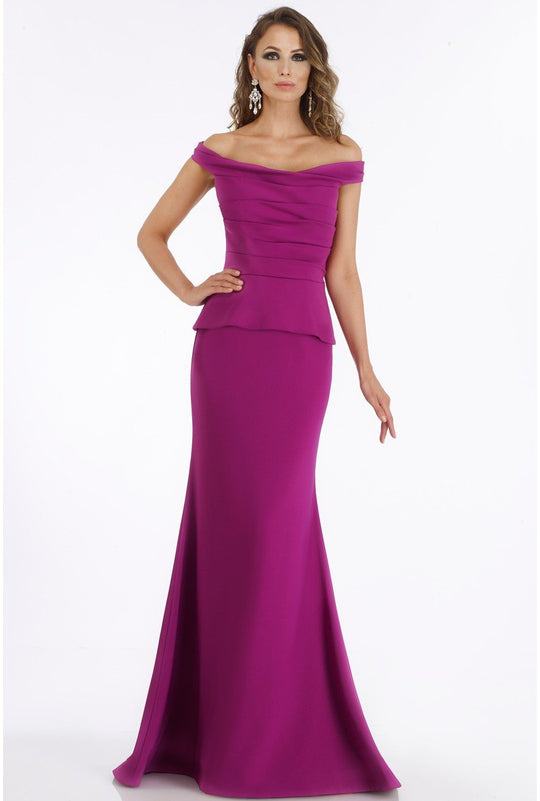Gia Franco - 12012 Pleated Off-Shoulder Trumpet Dress With Train In Purple