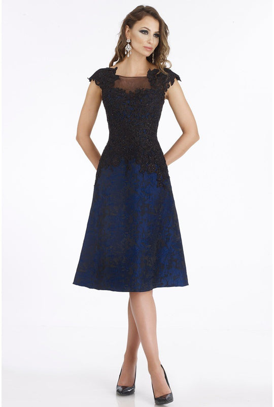 Gia Franco - 12013 Two Tone Embroidered Bateau A-line Dress In Blue and Black