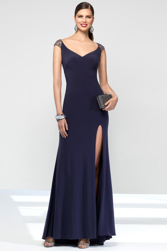 Alyce Paris - 35838 Beaded Wide V-neck Jersey Sheath Dress In Blue