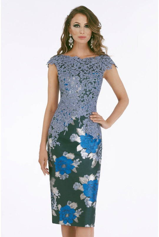 Gia Franco - 12016 Embroidered Bateau Knee Length Sheath Dress In Green and Blue