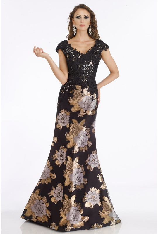 Gia Franco - 12017 Embroidered V-Neck Floral Gown In Black and Gold