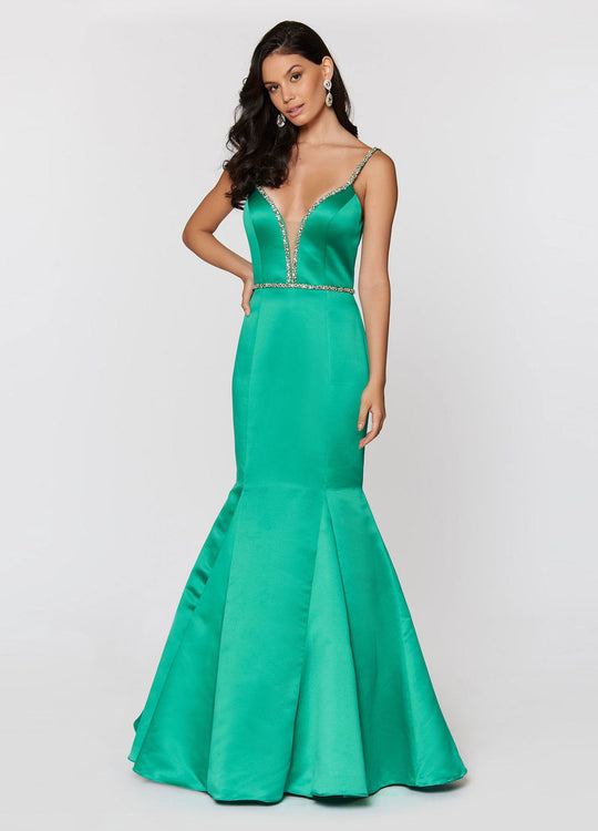 Ashley Lauren - 1202 Beaded Spaghetti Strap Evening Dress in Green