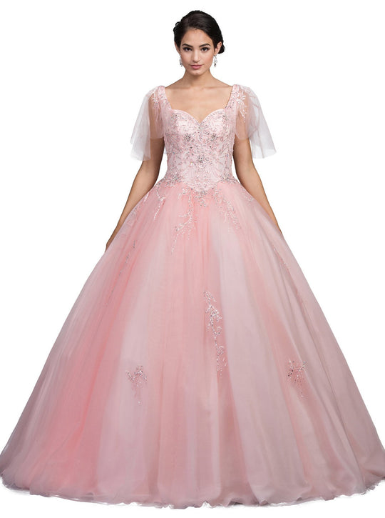 Dancing Queen - 1203 Sheer Butterfly Sleeve Embellished Sweetheart Quinceanera Ballgown In Pink