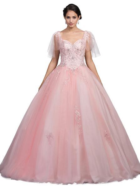 Dancing Queen - Sheer Butterfly Sleeve Embellished Quinceanera Ballgown 1203 In Pink