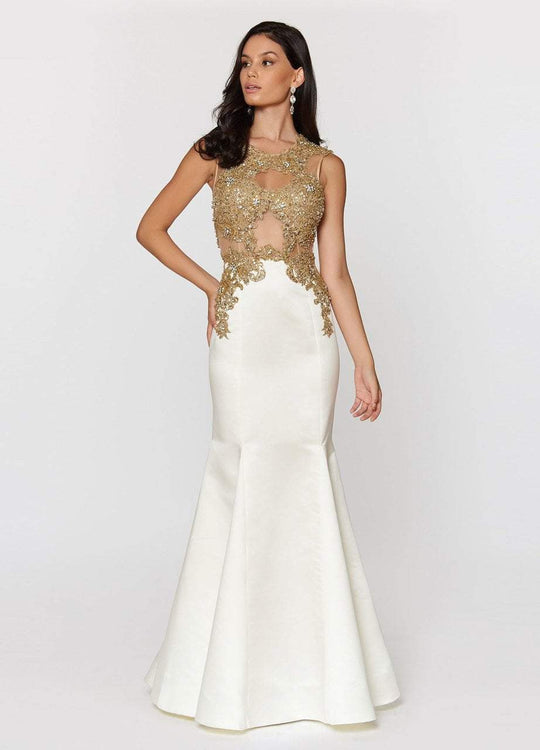 Ashley Lauren - 1203 Gold Embroidered Evening Dress in White